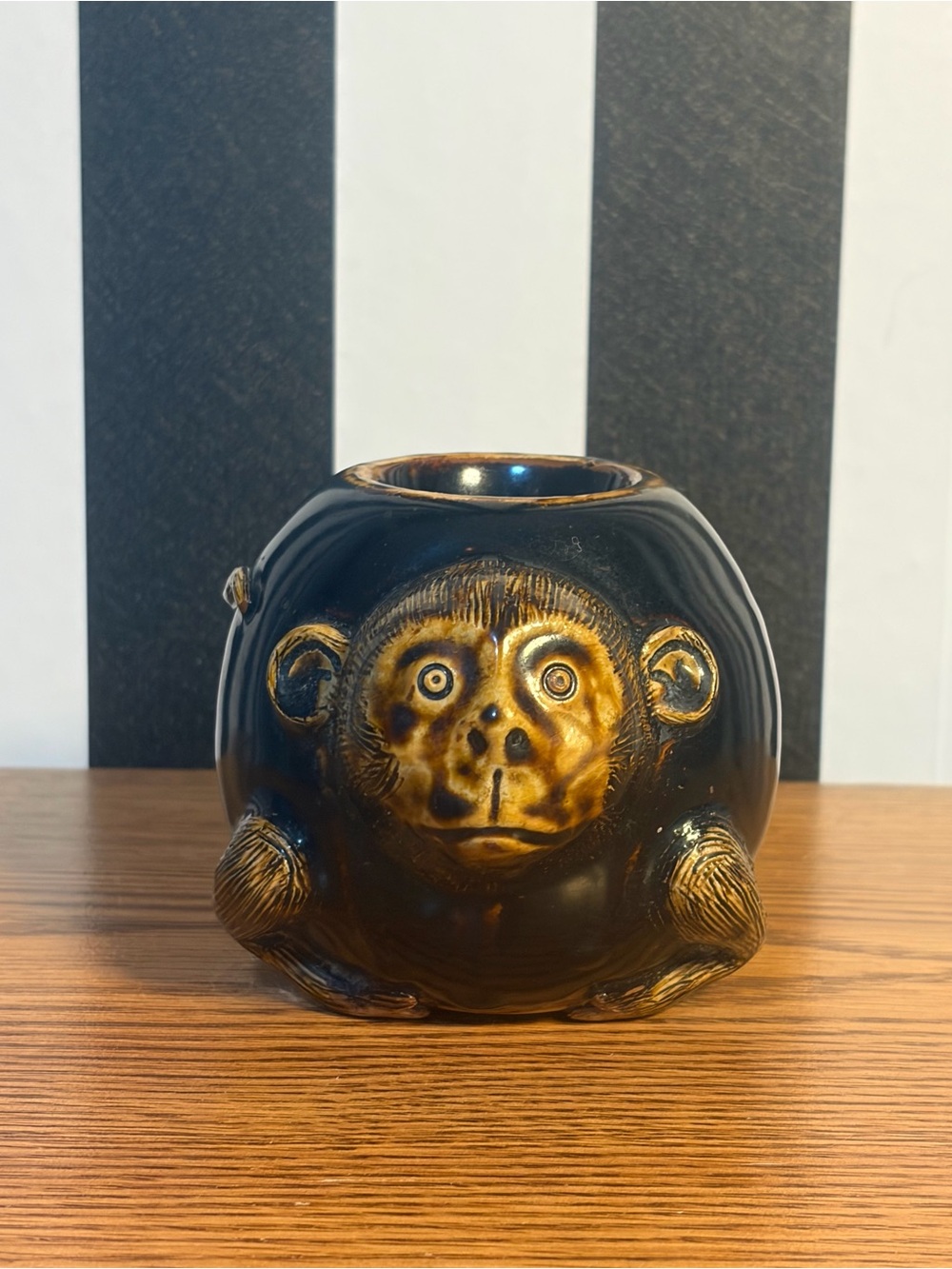 Vintage 3D Monkey Ceramic Votive Candle Holder Brown Art Pottery Retro Rare